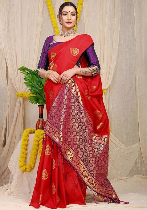 Red Ethnic Motifs Woven Zari Pure Banarasi Silk Saree Set