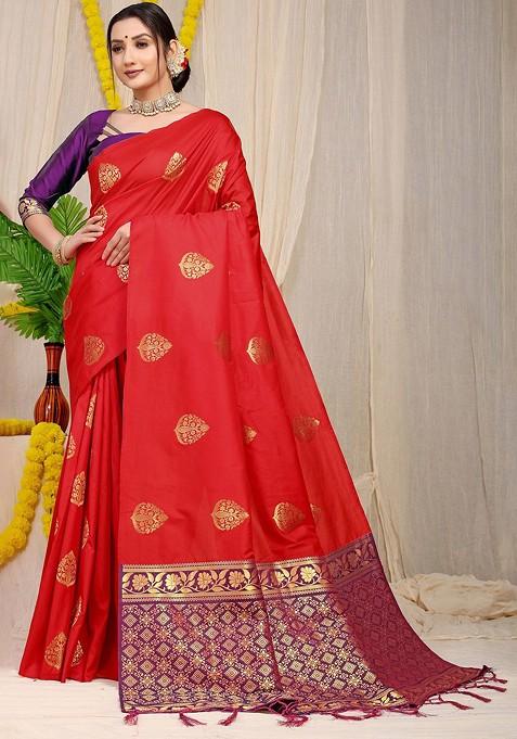 Red Ethnic Motifs Woven Zari Pure Banarasi Silk Saree Set