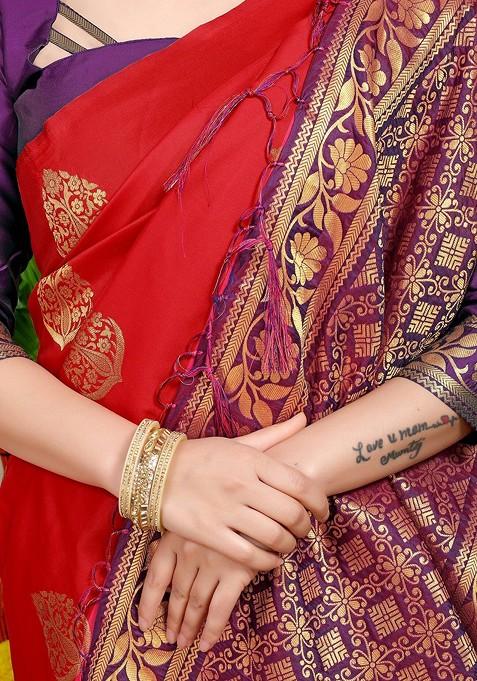 Red Ethnic Motifs Woven Zari Pure Banarasi Silk Saree Set