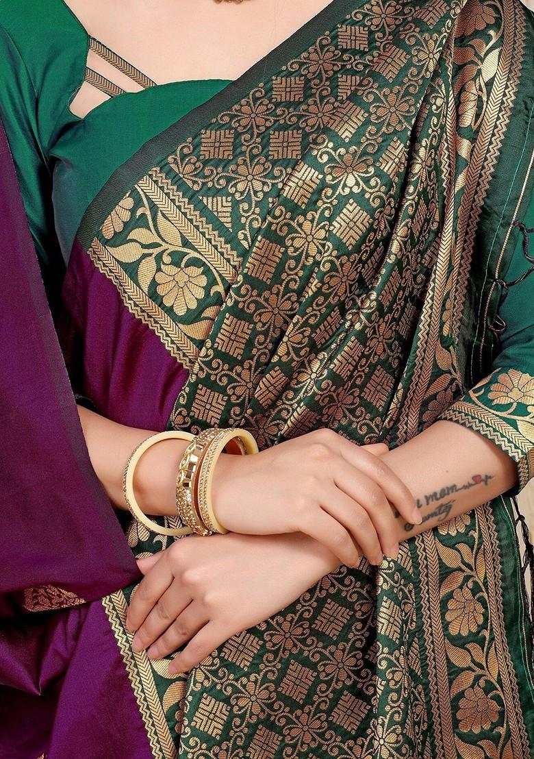 Purple Ethnic Motifs Woven Zari Pure Banarasi Silk Saree Set