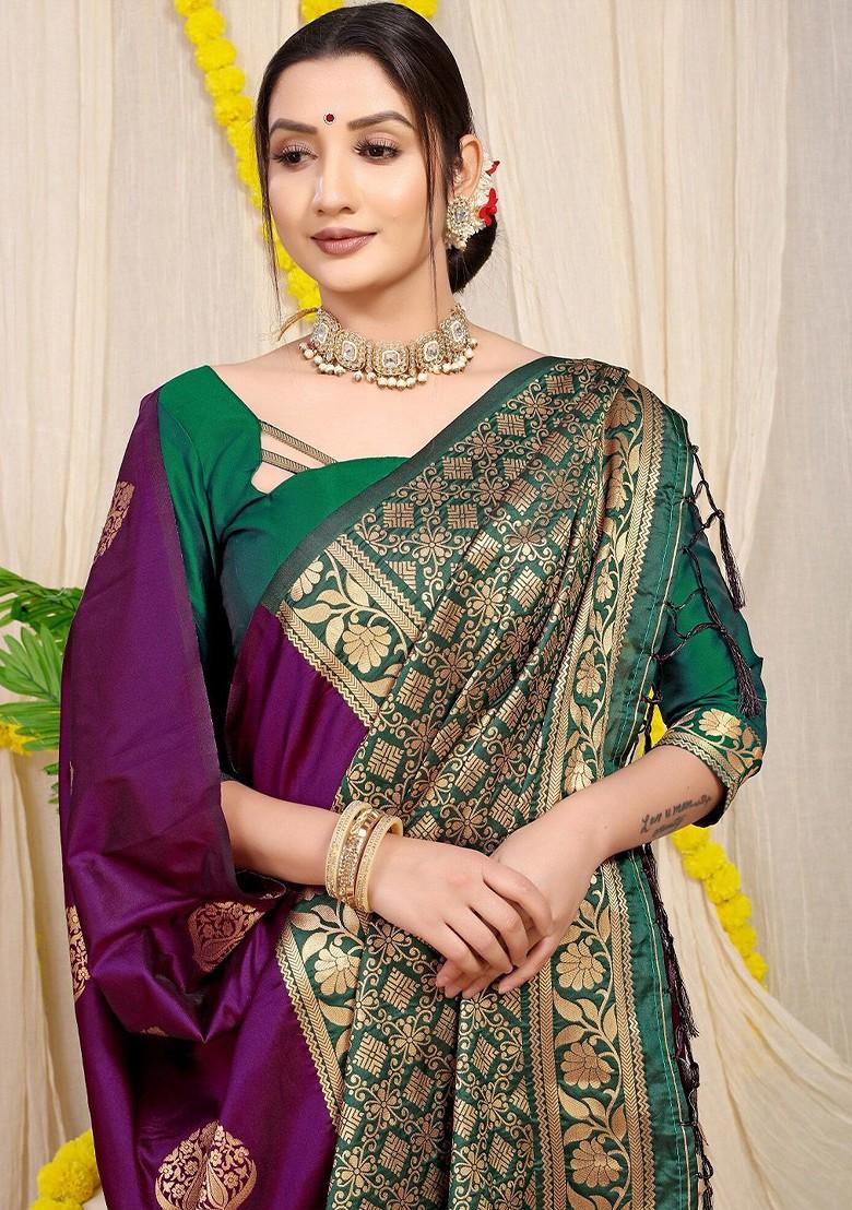 Purple Ethnic Motifs Woven Zari Pure Banarasi Silk Saree Set