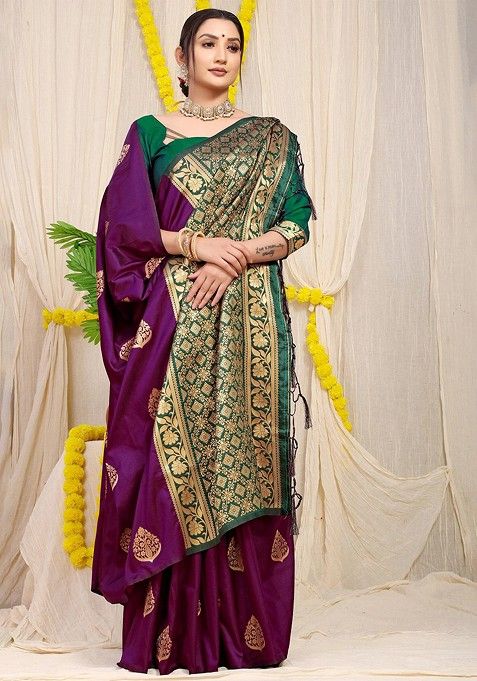 Purple Ethnic Motifs Woven Zari Pure Banarasi Silk Saree Set