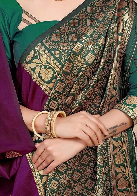 Purple Ethnic Motifs Woven Zari Pure Banarasi Silk Saree Set