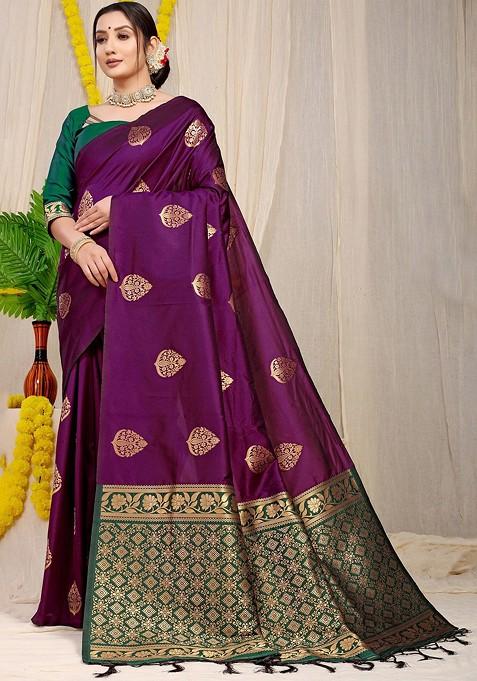 Purple Ethnic Motifs Woven Zari Pure Banarasi Silk Saree Set