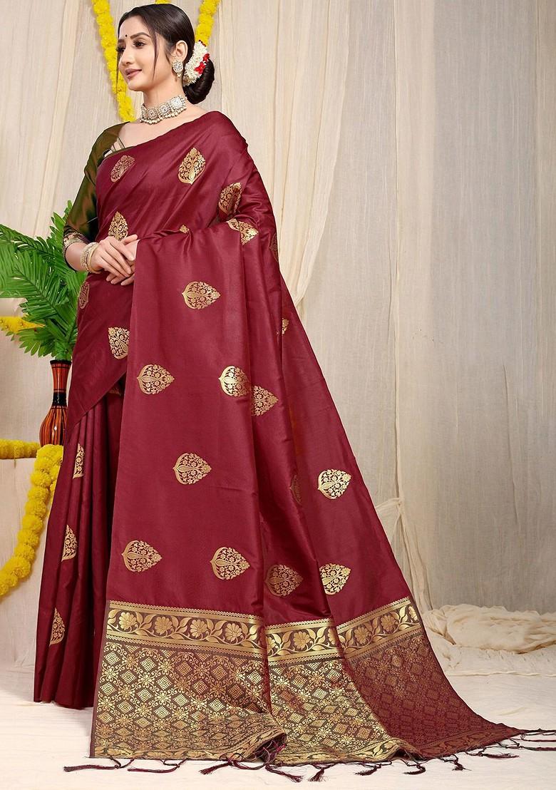 Maroon Floral Woven Zari Pure Banarasi Silk Saree Set