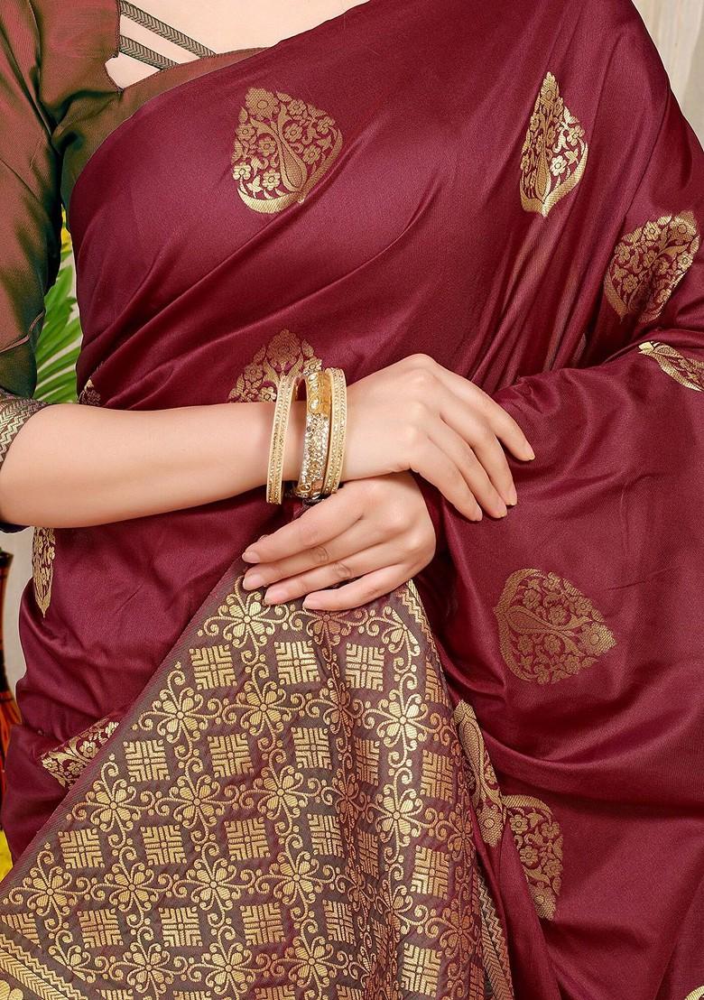 Maroon Floral Woven Zari Pure Banarasi Silk Saree Set - Indya