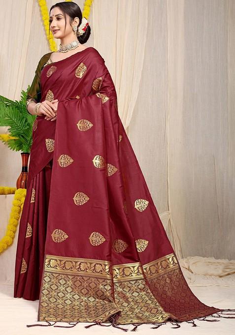 Maroon Floral Woven Zari Pure Banarasi Silk Saree Set