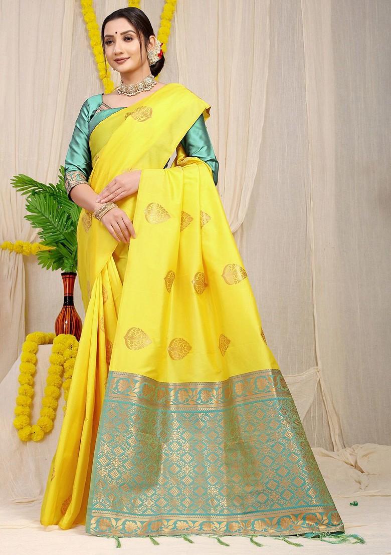 Yellow Ethnic Motif Woven Zari Pure Banarasi Silk Saree Set
