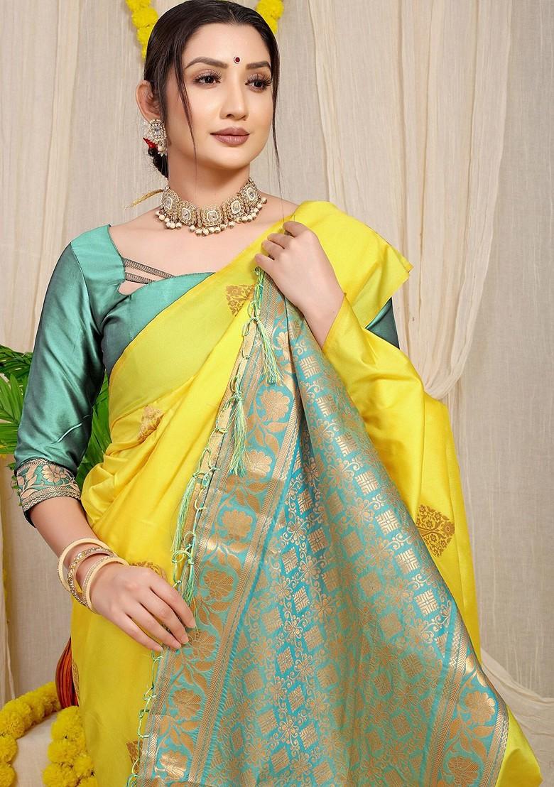 Yellow Ethnic Motif Woven Zari Pure Banarasi Silk Saree Set