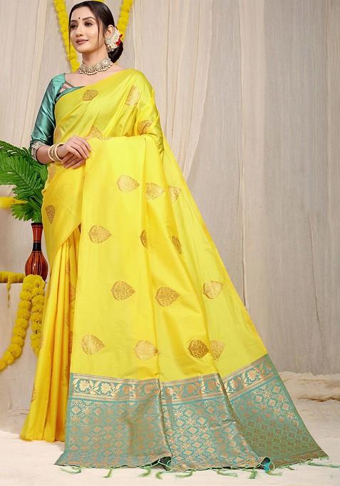 Yellow Ethnic Motif Woven Zari Pure Banarasi Silk Saree Set