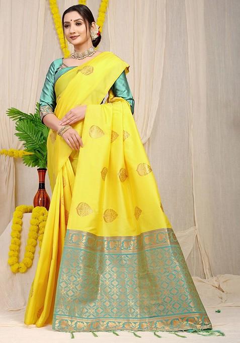 Yellow Ethnic Motif Woven Zari Pure Banarasi Silk Saree Set