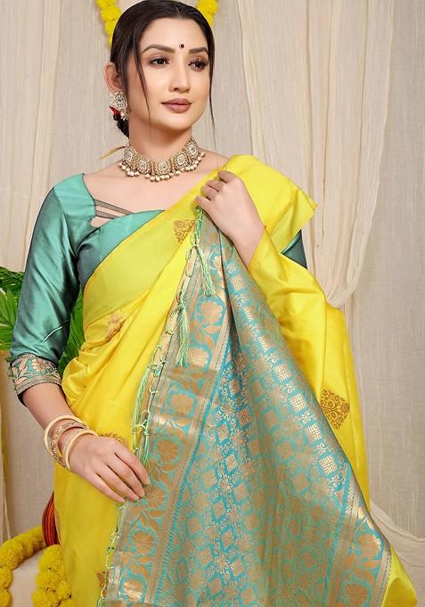 Yellow Ethnic Motif Woven Zari Pure Banarasi Silk Saree Set