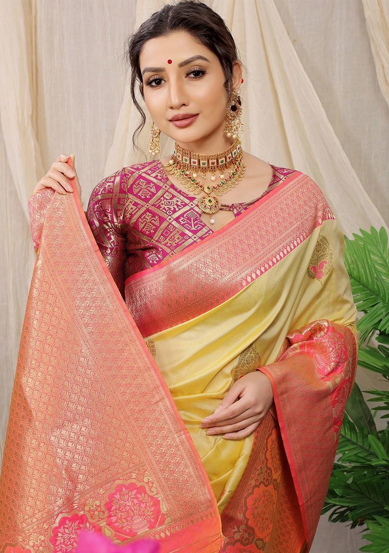 Yellow Ethnic Motif Woven Zari Pure Banarasi Silk Saree Set
