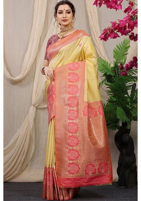 Yellow Ethnic Motif Woven Zari Pure Banarasi Silk Saree Set