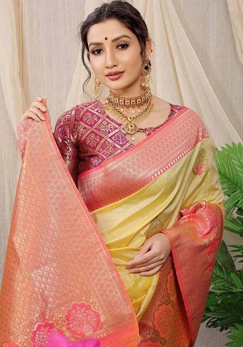 Yellow Ethnic Motif Woven Zari Pure Banarasi Silk Saree Set
