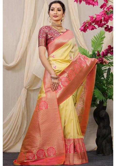 Yellow Ethnic Motif Woven Zari Pure Banarasi Silk Saree Set