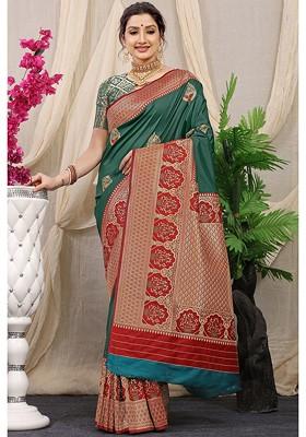Green Ethnic Motifs Woven Zari Pure Banarasi Silk Saree Set