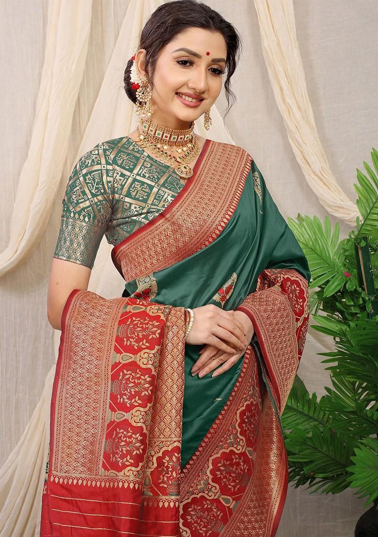 Green Ethnic Motifs Woven Zari Pure Banarasi Silk Saree Set