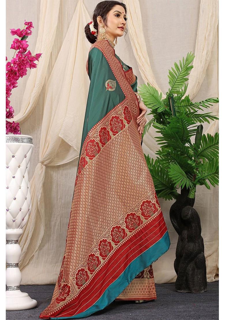 Green Ethnic Motifs Woven Zari Pure Banarasi Silk Saree Set