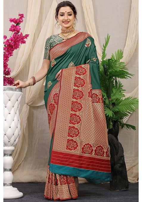 Green Ethnic Motifs Woven Zari Pure Banarasi Silk Saree Set