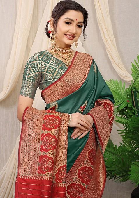 Green Ethnic Motifs Woven Zari Pure Banarasi Silk Saree Set