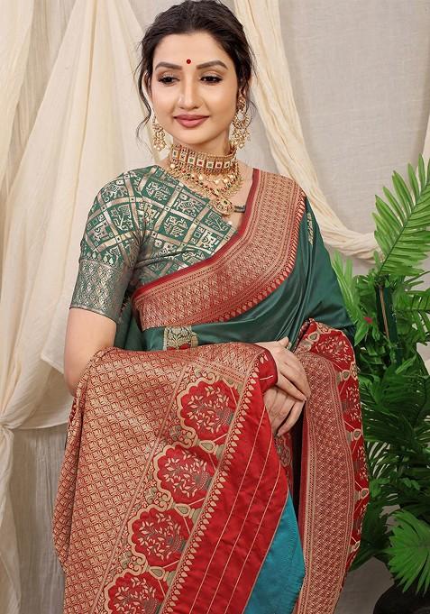 Green Ethnic Motifs Woven Zari Pure Banarasi Silk Saree Set