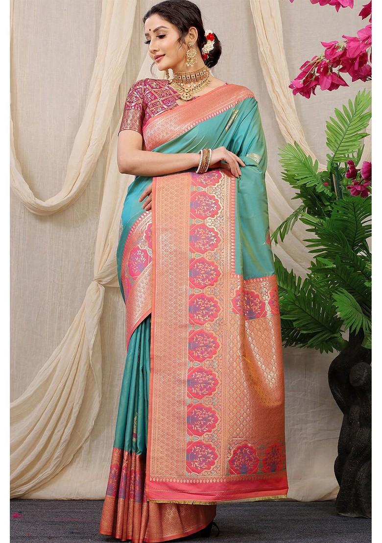 Turquoise Blue Ethnic Motifs Woven Pure Banarasi Silk Saree Set