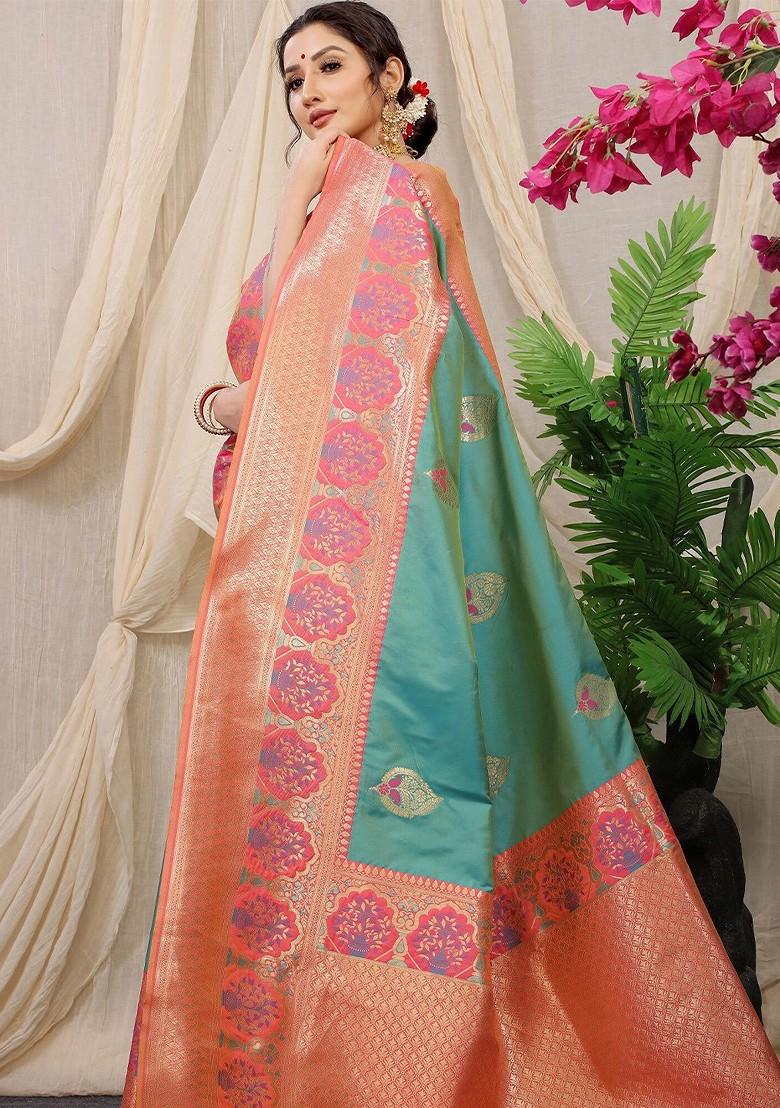 Turquoise Blue Ethnic Motifs Woven Pure Banarasi Silk Saree Set
