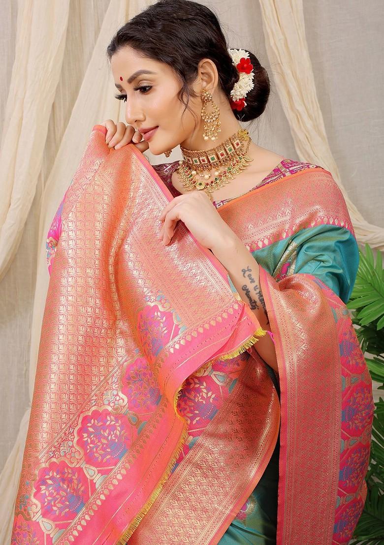 Turquoise Blue Ethnic Motifs Woven Pure Banarasi Silk Saree Set