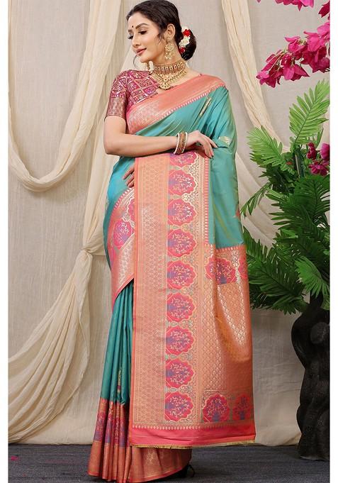 Turquoise Blue Ethnic Motifs Woven Pure Banarasi Silk Saree Set