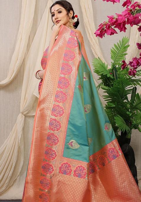 Turquoise Blue Ethnic Motifs Woven Pure Banarasi Silk Saree Set