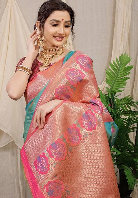 Turquoise Blue Ethnic Motifs Woven Pure Banarasi Silk Saree Set