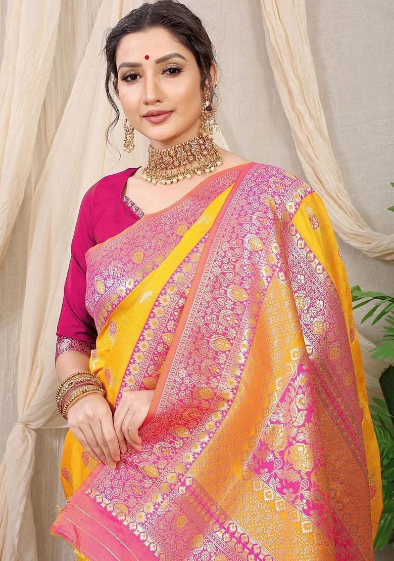 Orange Woven Zari Pure Banarasi Silk Saree Set