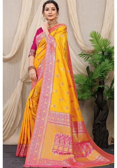 Orange Woven Zari Pure Banarasi Silk Saree Set