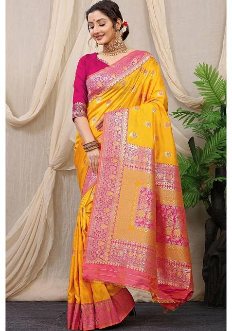 Orange Woven Zari Pure Banarasi Silk Saree Set
