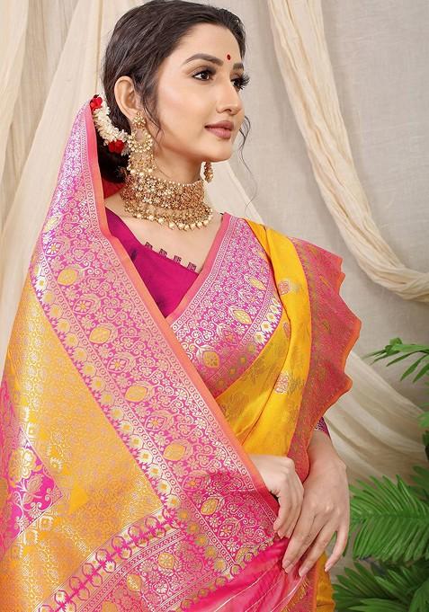 Orange Woven Zari Pure Banarasi Silk Saree Set