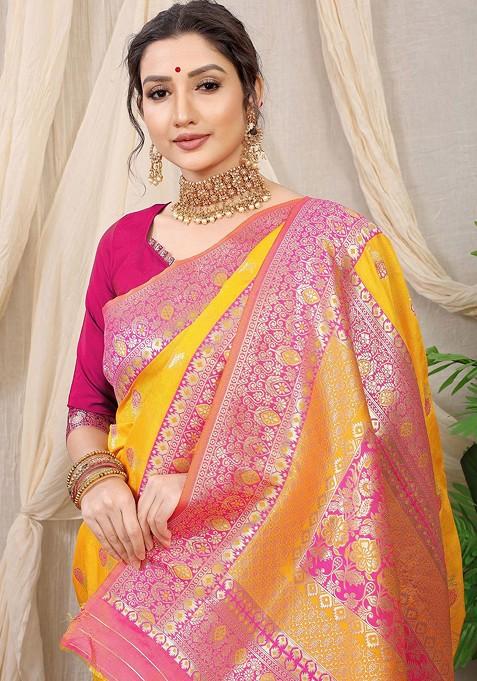 Orange Woven Zari Pure Banarasi Silk Saree Set