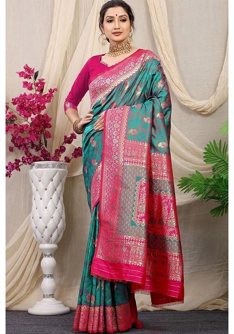 Green Floral Motif Woven Zari Pure Banarasi Silk Saree Set