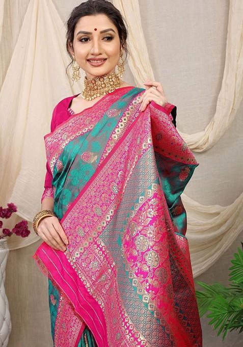 Green Floral Motif Woven Zari Pure Banarasi Silk Saree Set