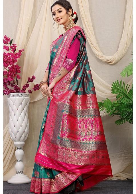 Green Floral Motif Woven Zari Pure Banarasi Silk Saree Set