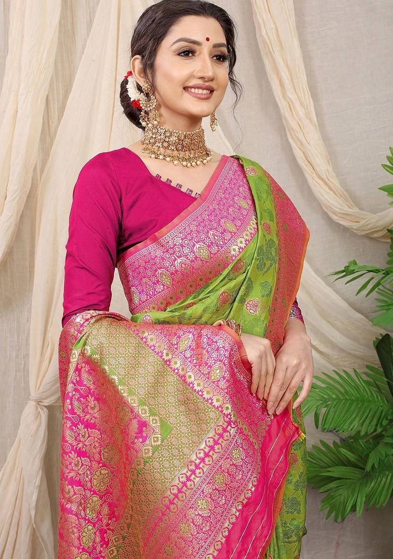 Lime Green Ethnic Motifs Woven Zari Pure Banarasi Silk Saree Set
