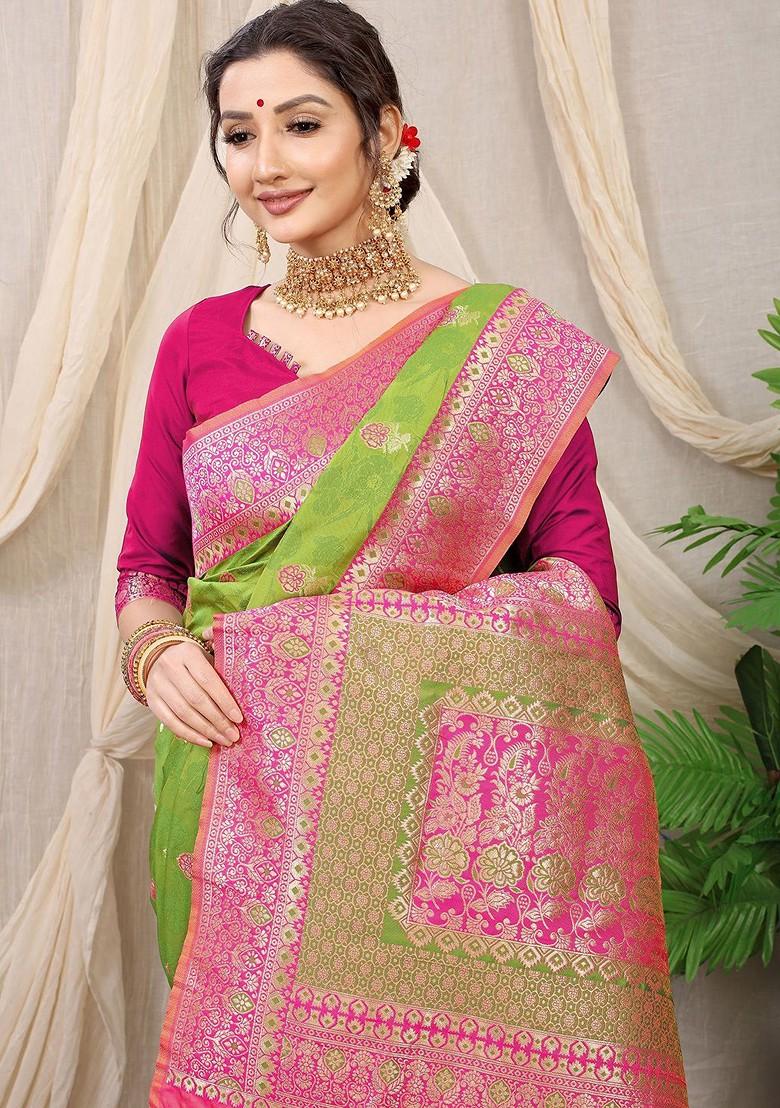 Lime Green Ethnic Motifs Woven Zari Pure Banarasi Silk Saree Set