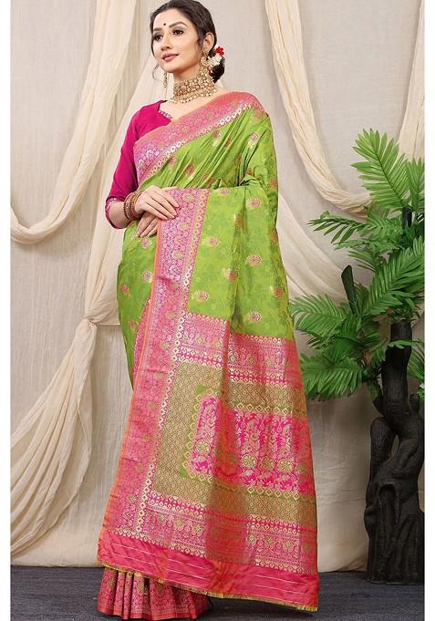 Lime Green Ethnic Motifs Woven Zari Pure Banarasi Silk Saree Set