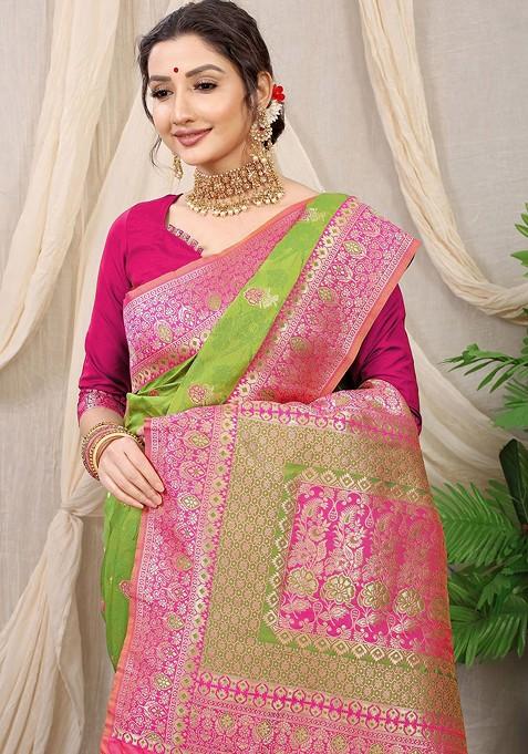 Lime Green Ethnic Motifs Woven Zari Pure Banarasi Silk Saree Set