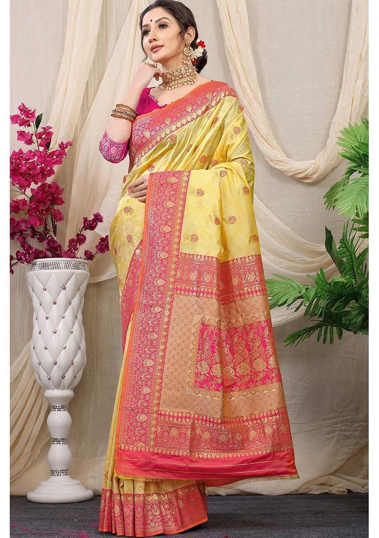 Yellow Floral Motif Woven Zari Pure Banarasi Silk Saree Set