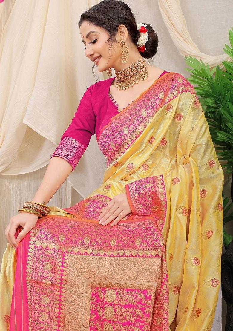 Yellow Floral Motif Woven Zari Pure Banarasi Silk Saree Set