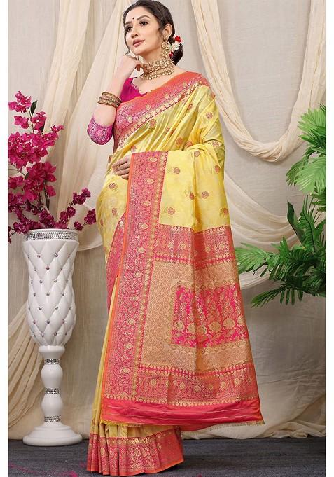 Yellow Floral Motif Woven Zari Pure Banarasi Silk Saree Set