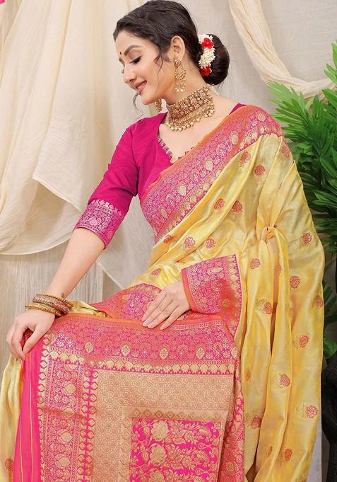 Yellow Floral Motif Woven Zari Pure Banarasi Silk Saree Set