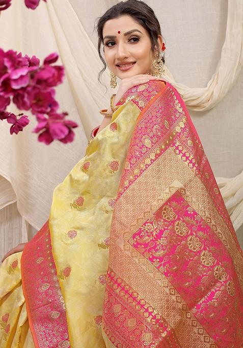 Yellow Floral Motif Woven Zari Pure Banarasi Silk Saree Set