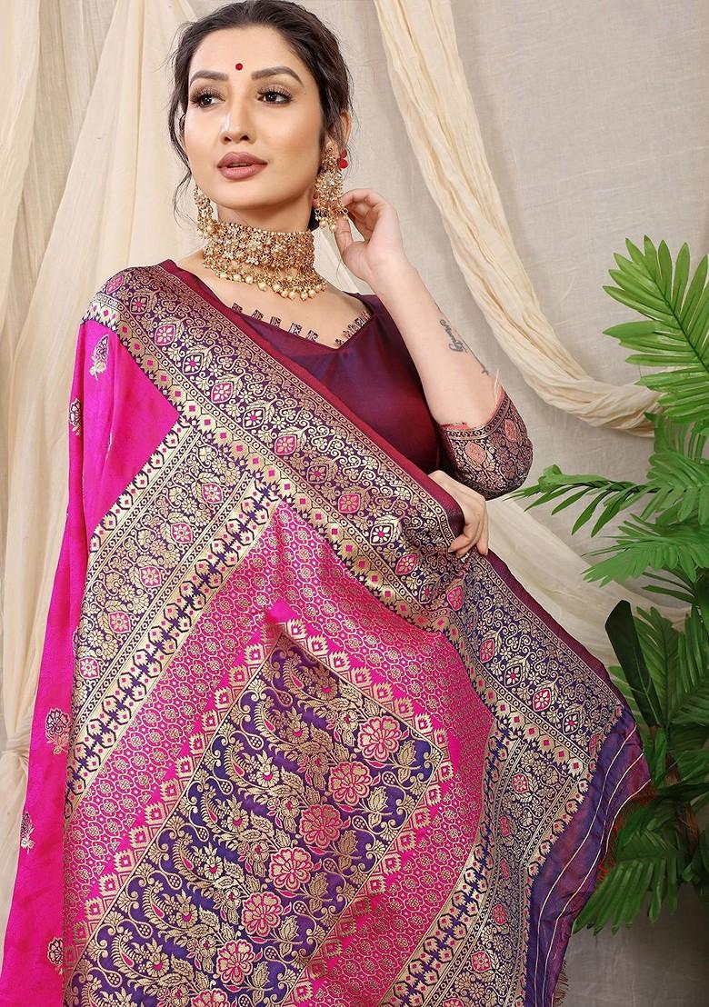Pink Floral Motif Woven Zari Pure Banarasi Silk Saree Set